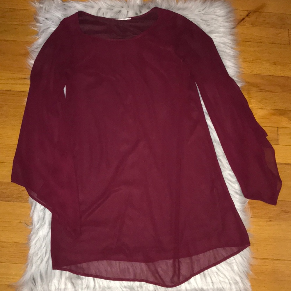 Shear maroon bell sleeve flowy dress